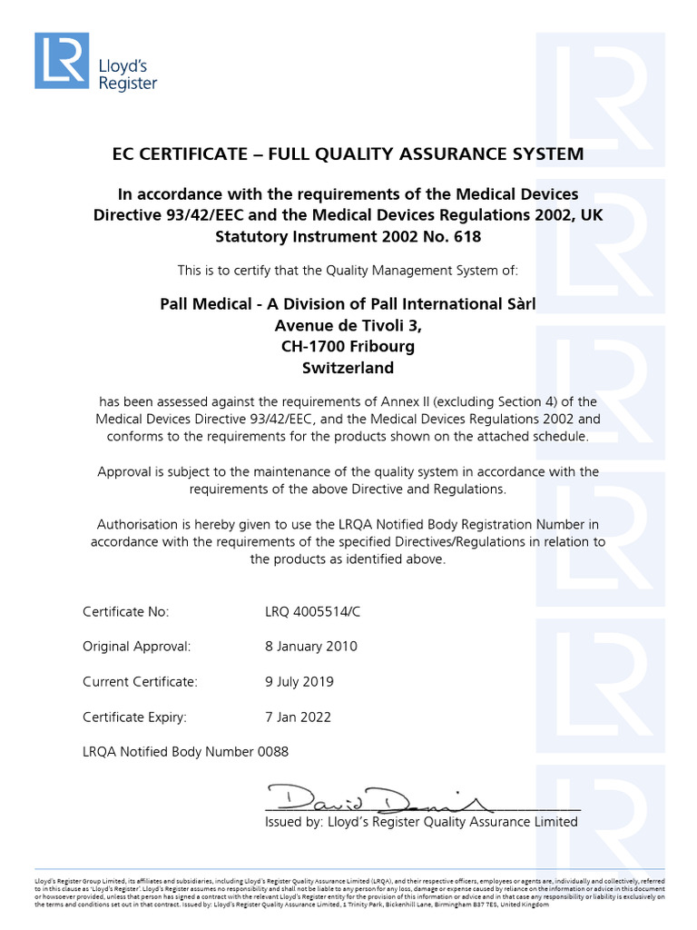 EC Certificate for Pall Medical Quality System | PDF | Medical Device ...