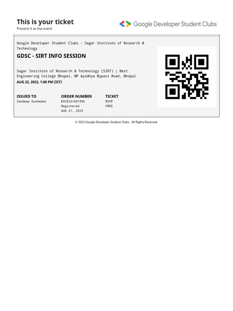GDSC Info Session Ticket - SIRT | PDF