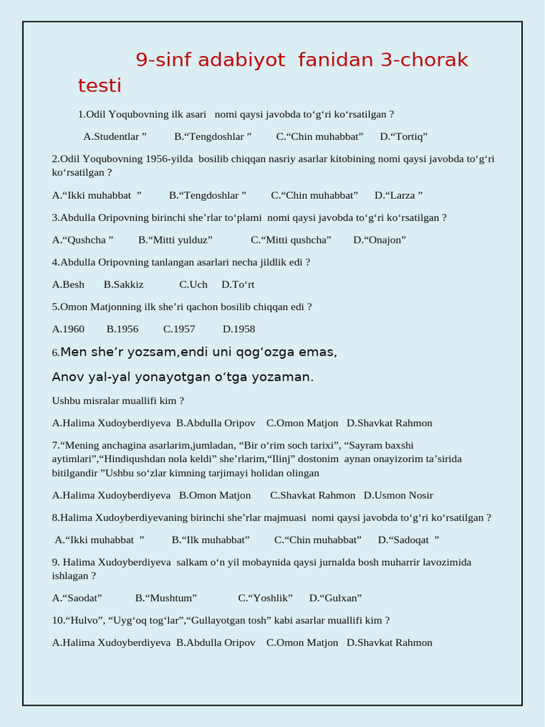 9 Sinf Adabiyot 3 Chorak Testlari | PDF