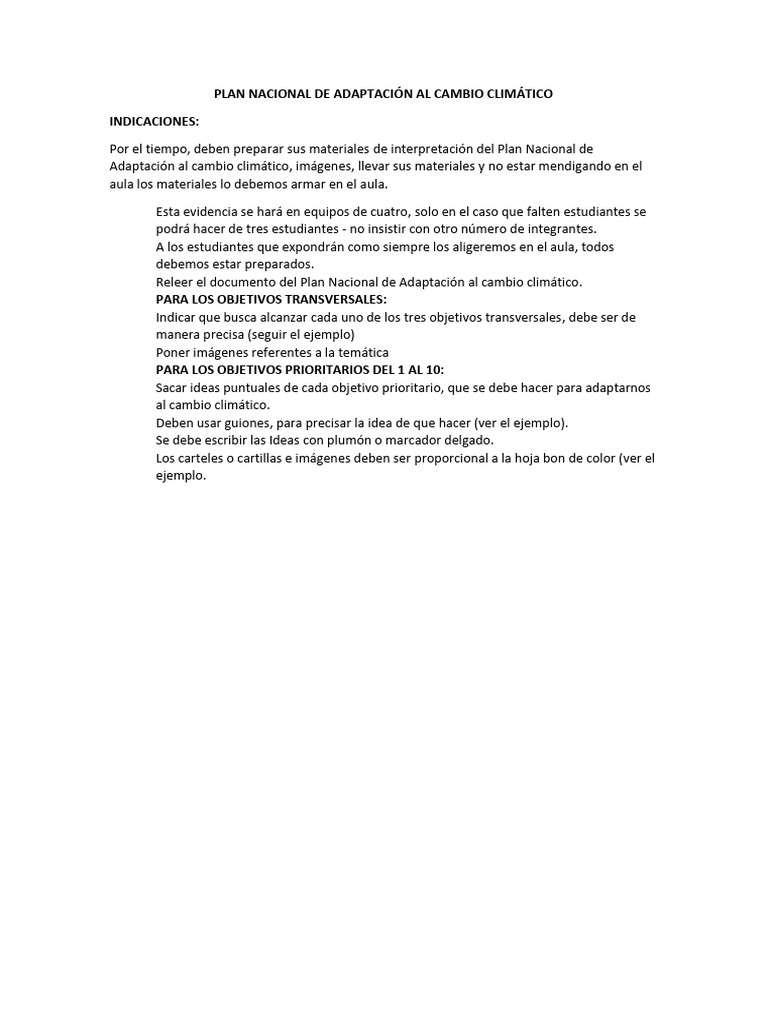 PLAN NACIONAL DE ADAPTACIÓN AL CAMBIO CLIMÁTICO Indicaciones | PDF