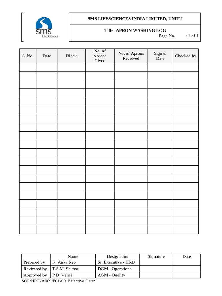 Apron Washing Log for SMS Lifesciences | PDF