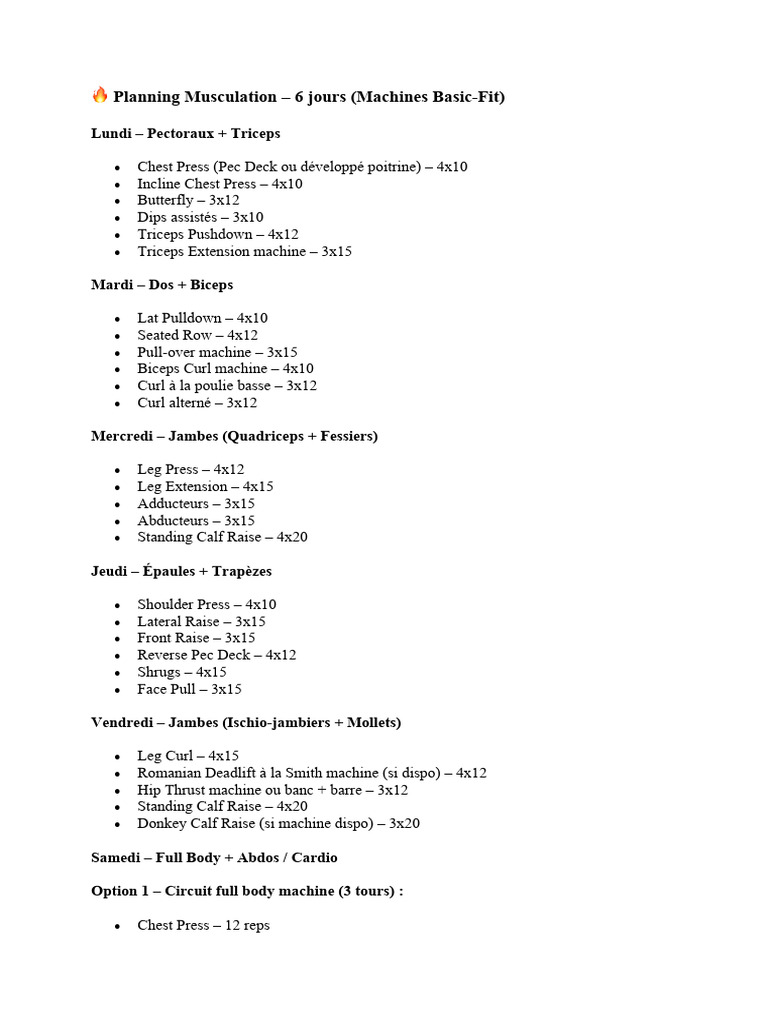 Planning Musculation 6 Jours Basic-Fit | PDF
