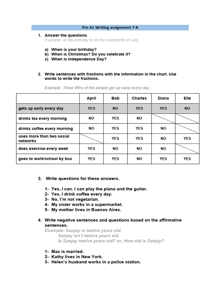 Pre A1 Writing Assignment Guide | PDF