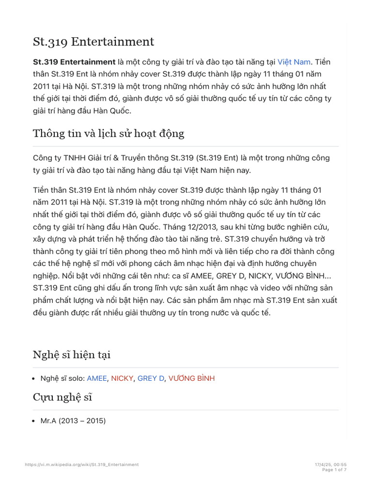 St.319 Entertainment - Wikipedia Tiếng Việt | PDF