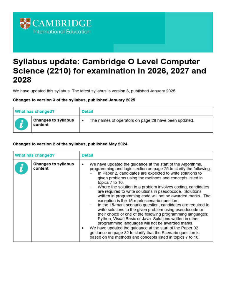 Cambridge O Level Computer Science 2210 Syllabus Update 2026 | PDF ...