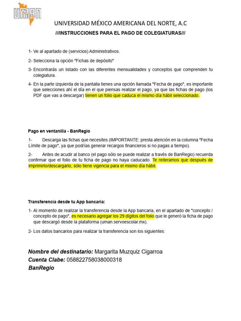 Instrucciones de Pago en UMAN | PDF | Transferencia bancaria