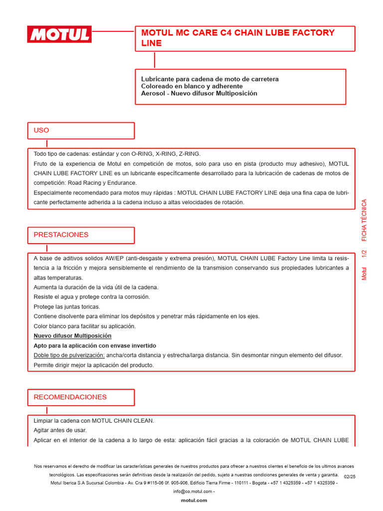 Chain Lube FL MC Es Co Motul 23101 20250206 | PDF | Lubricante | Materiales