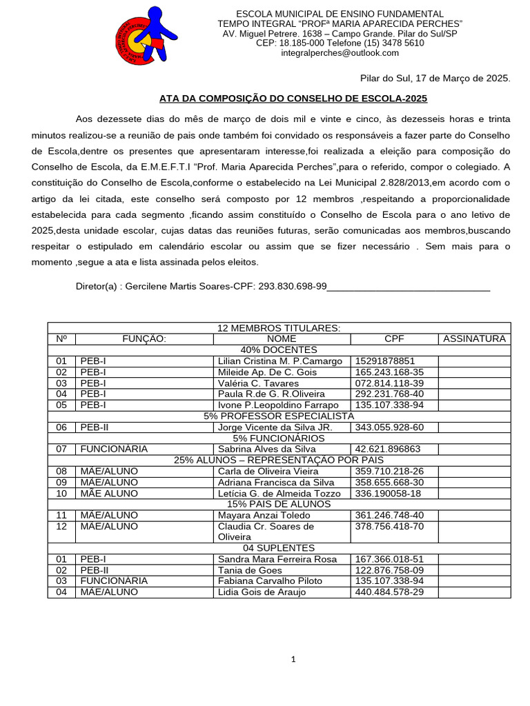 Ata do Conselho Escolar 2025 | PDF