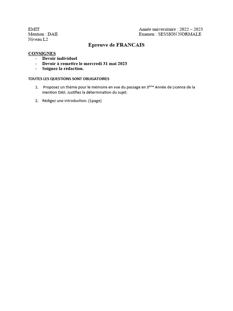 Examen de Français L2 DAII 2023 | PDF