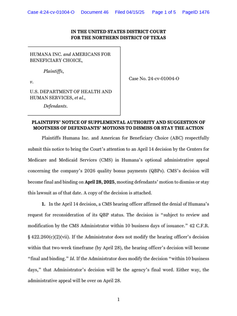Humana's QBP Appeal Update and Court Motion | PDF | Lawsuit | Mootness