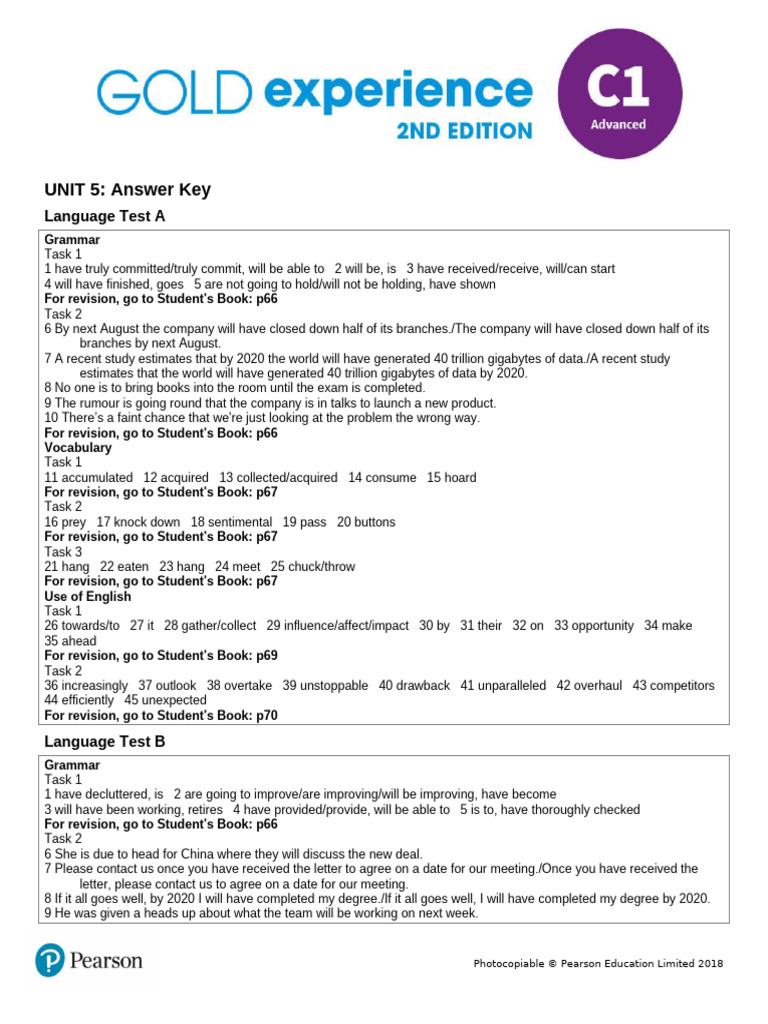 Gold Experience C1 Unit 5 Answer Key | PDF | Linguistics | Human ...