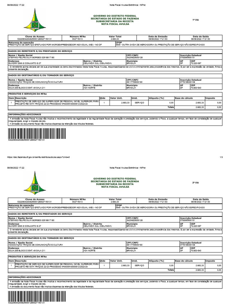Nota Fiscal Avulsa Eletrônica - NFAe DF | PDF | Recibo | Impostos
