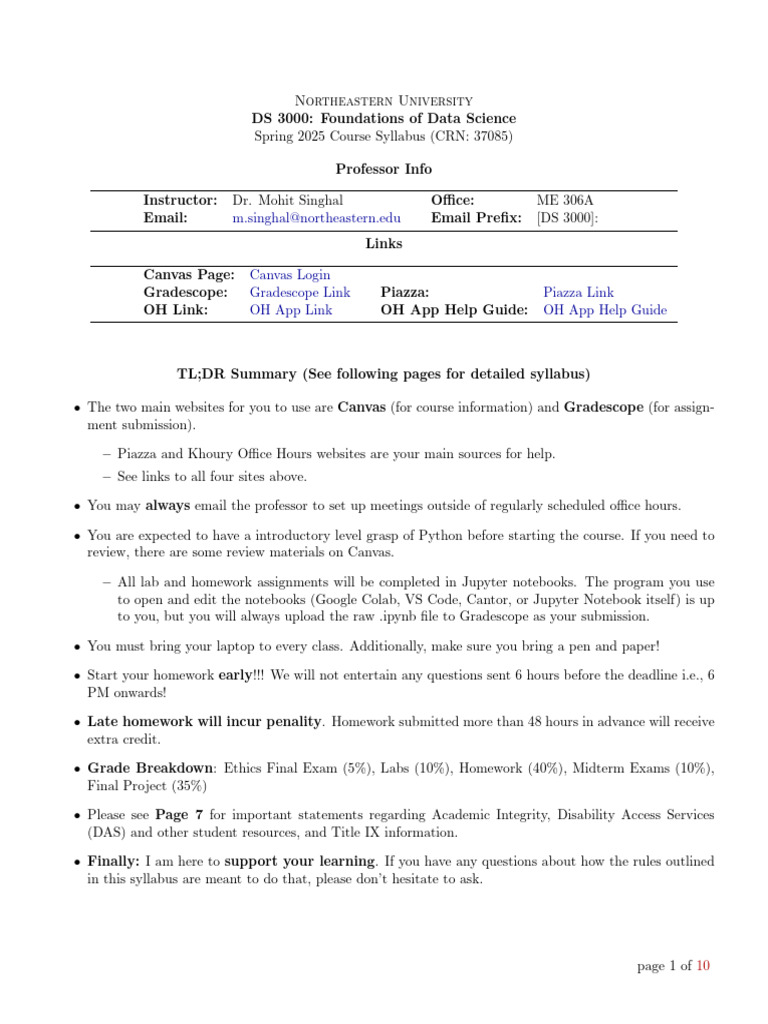 DS 3000 Syllabus: Spring 2025 | PDF | Data Science | Machine Learning