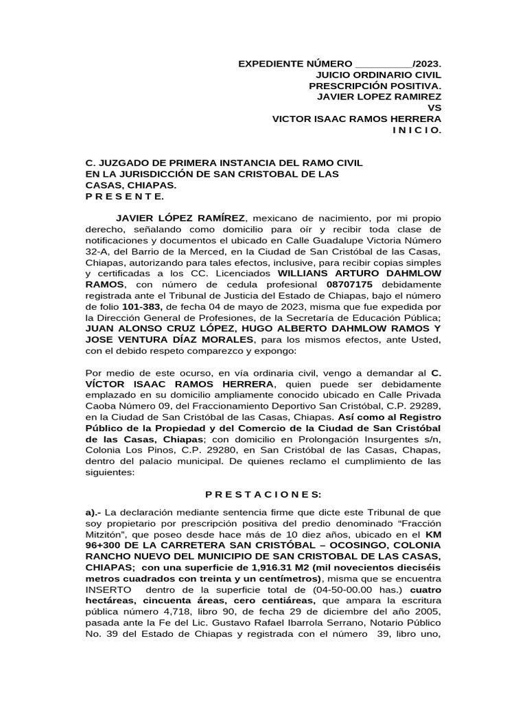 Juicio Civil por Prescripción Positiva | PDF | Posesión (Ley ...