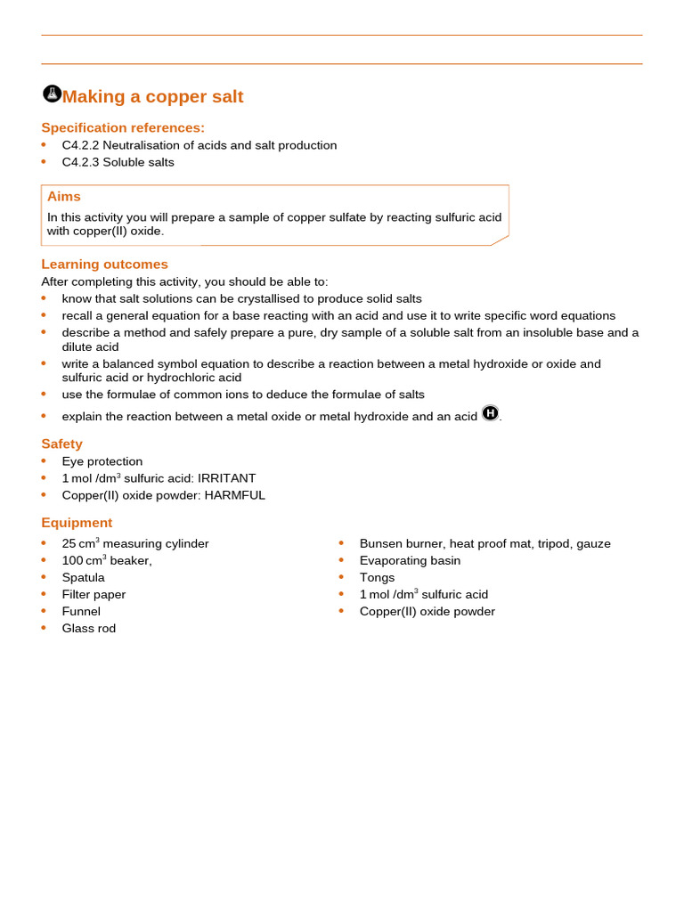 Practical - Making A Copper Salt | PDF | Salt (Chemistry) | Acid