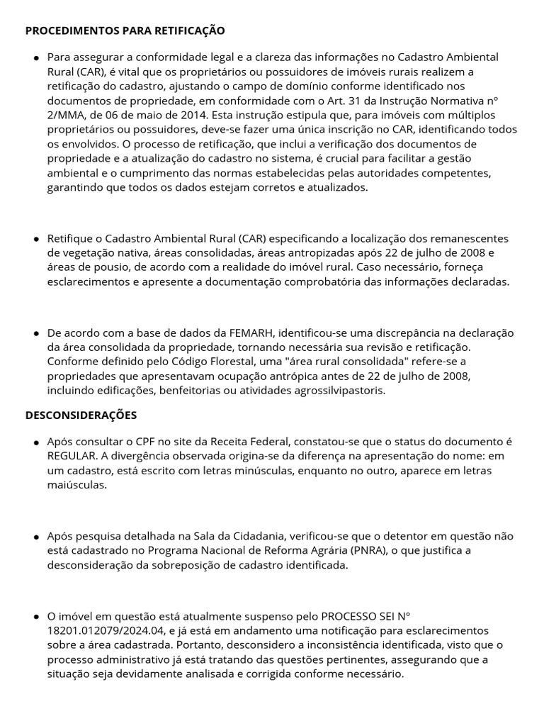 Retificação do Cadastro Ambiental Rural | PDF