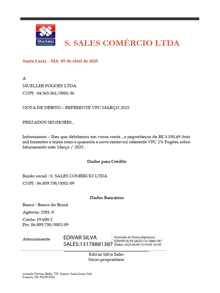 Nota de Débito VPC Março 2025 - S. SALES | PDF