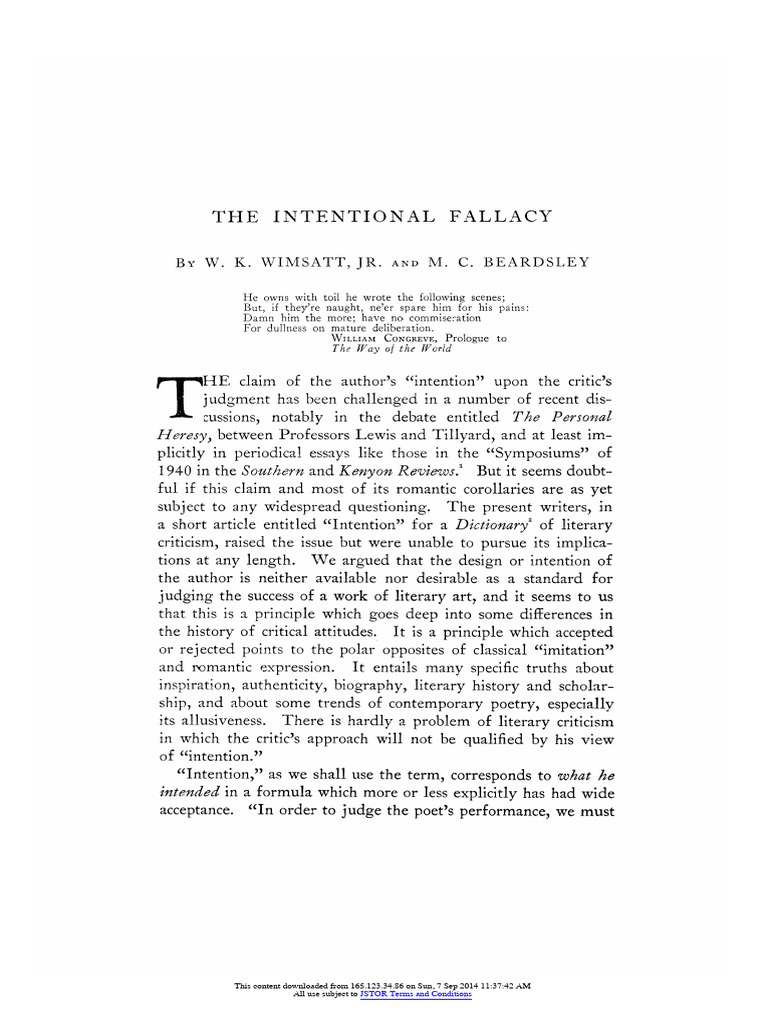 Understanding the Intentional Fallacy | PDF | Intention | Poetry