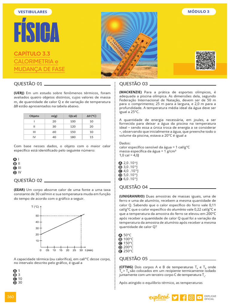 Questões de Calorimetria e Mudança de Fase | PDF | Calor | Temperatura