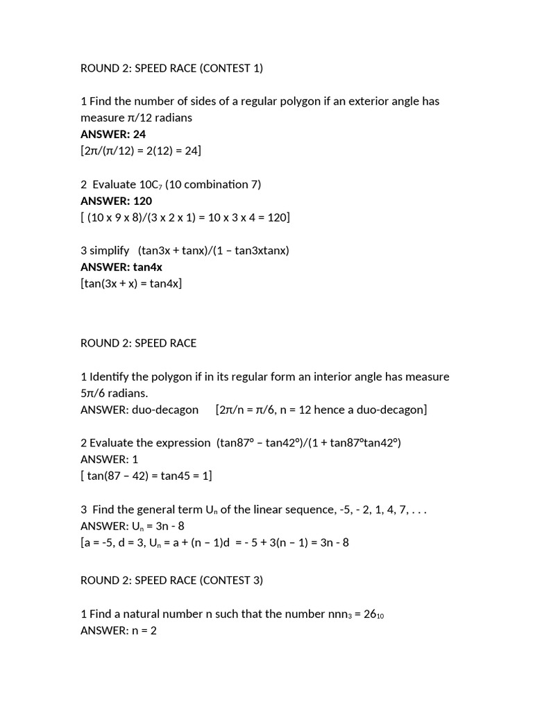Math Speed Race Questions & Answers | PDF | Equations | Numbers