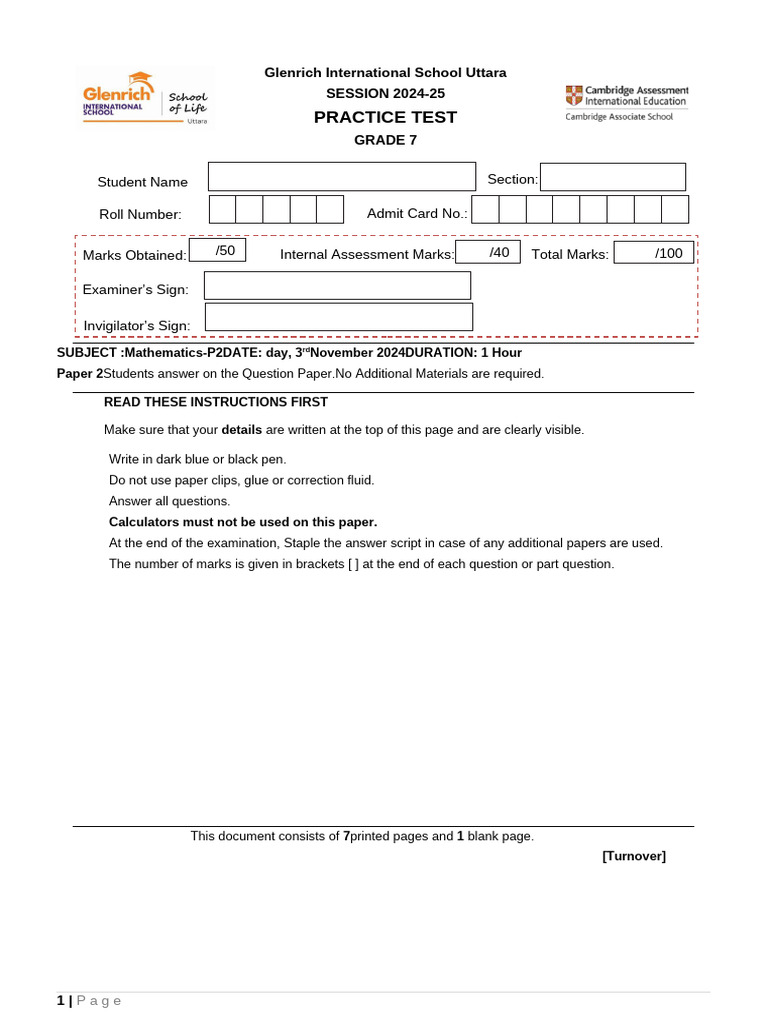 Grade 7 Mathematics Practice Test 2024 | PDF | Mathematics