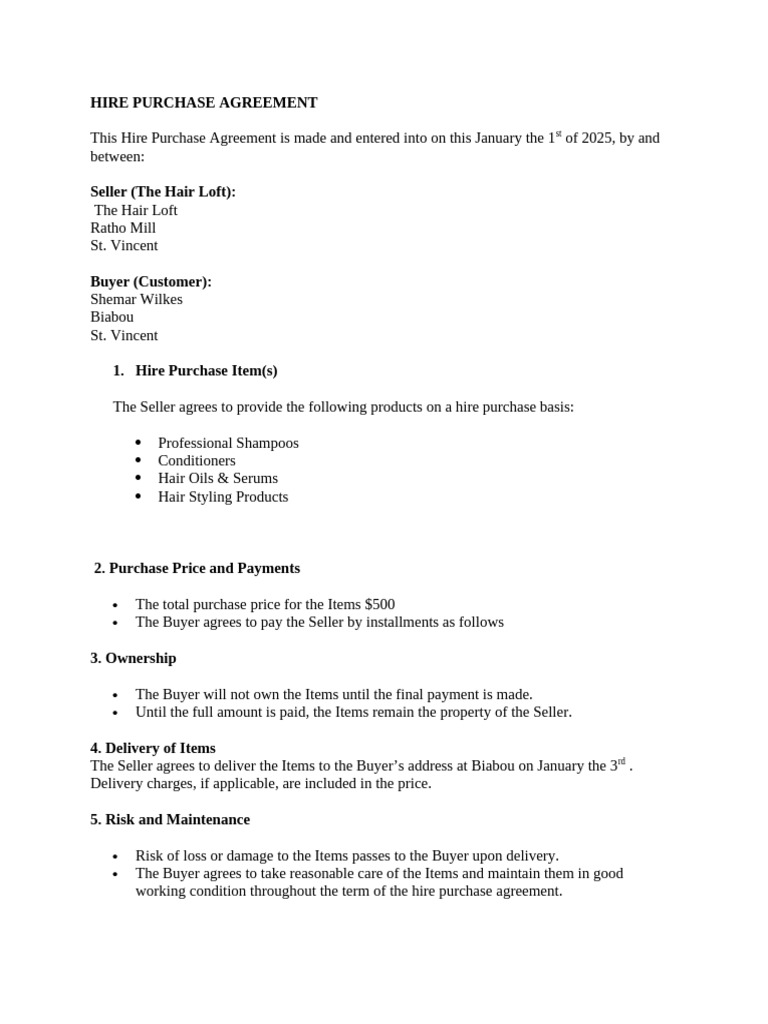 Hire Purchase Agreement for Hair Products | PDF