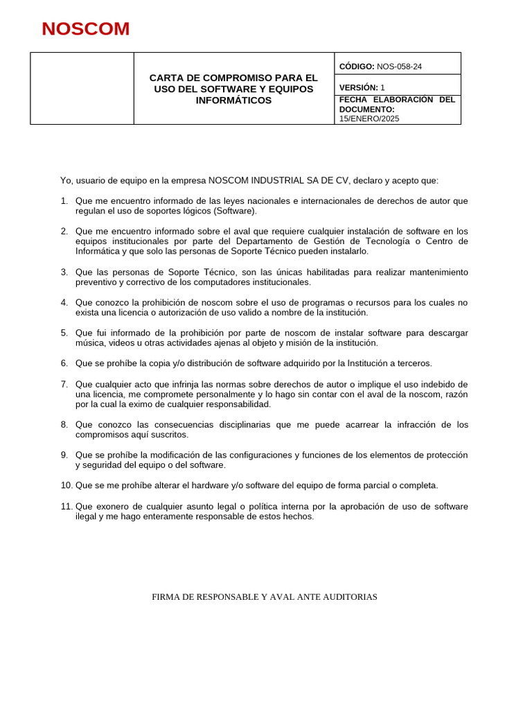 Carta de Compromiso para El Uso de Software y Equipos Informaticos | PDF