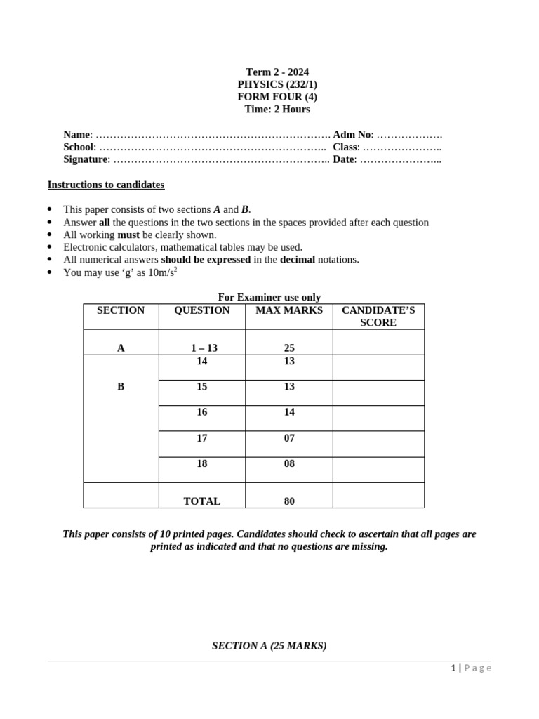 Term 2 Physics Exam Paper 2024 | PDF | Force | Pressure