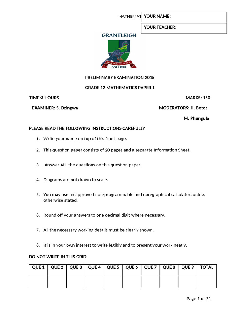 Grade 12 Math Paper 1 Exam 2015 | PDF | Function (Mathematics ...