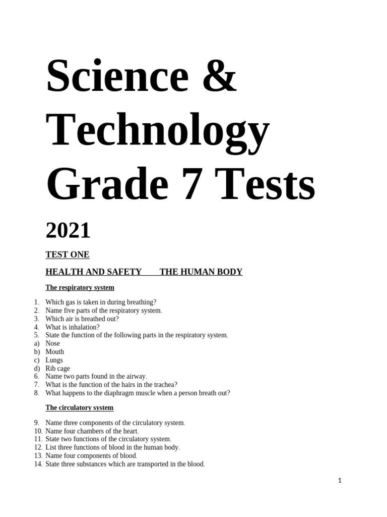 Grade 7 Science & Technology Tests 2021 | PDF | Respiratory System | Blood