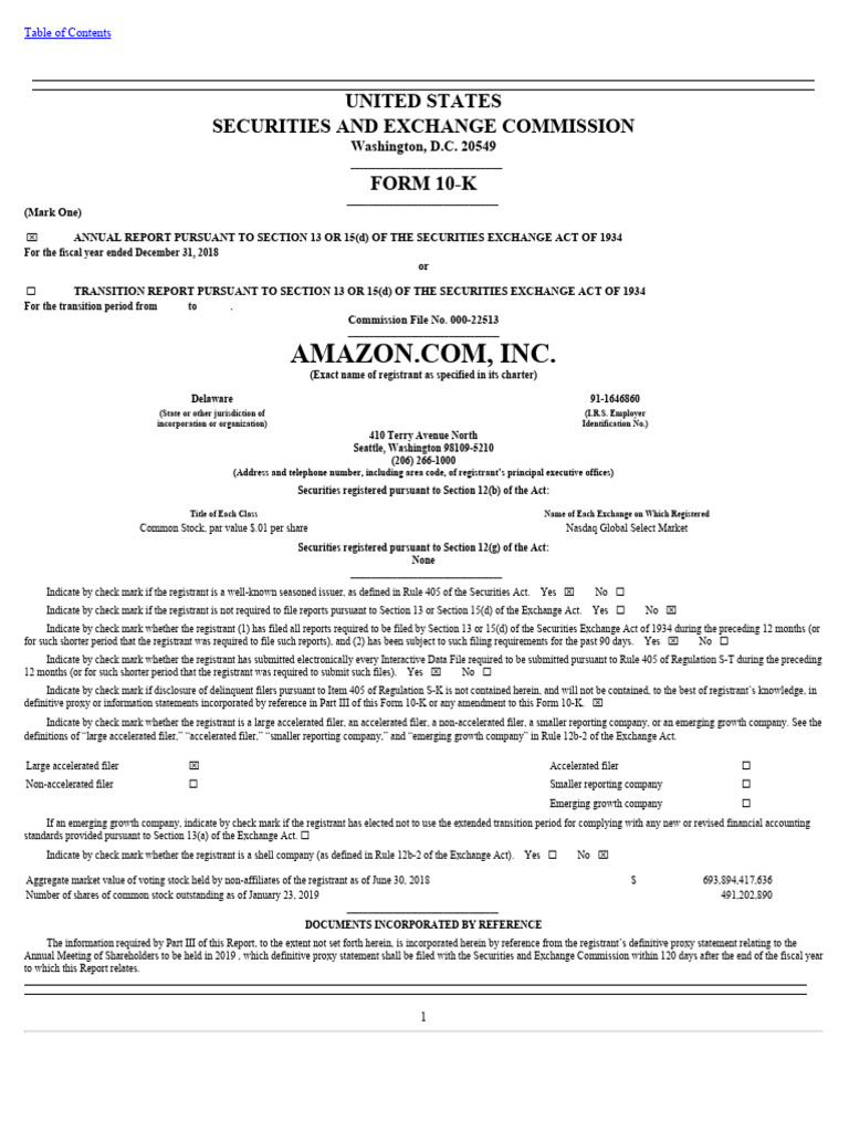 Amazon 2018 Annual Report | PDF | Form 10 K | Mergers And Acquisitions