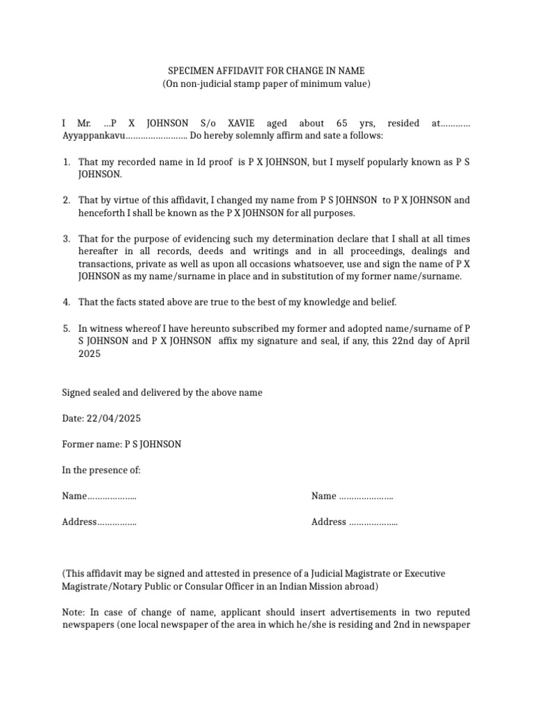 Affidavit for Name Change Template | PDF