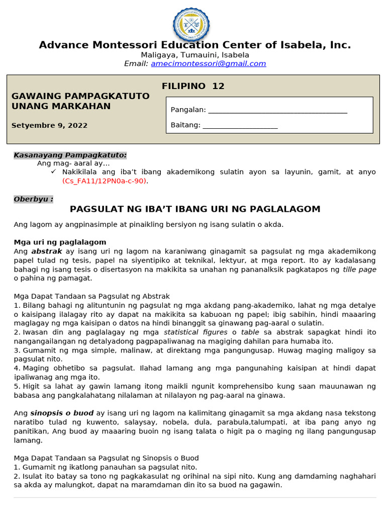 Filipino 12 Las Sept 9 2022 | PDF
