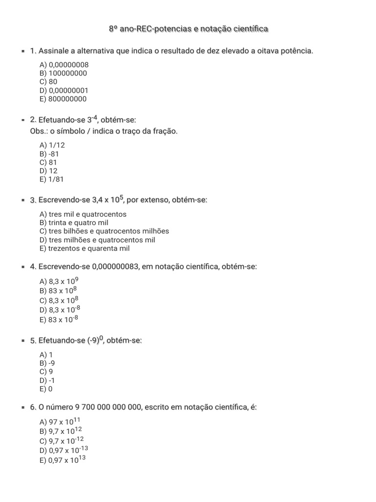 Exercícios de Notação Científica 8º Ano | PDF