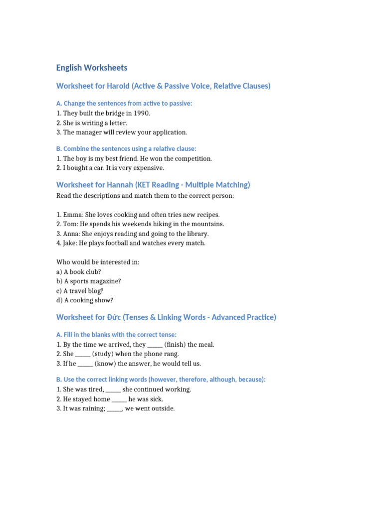 English Grammar Worksheets for Students | PDF