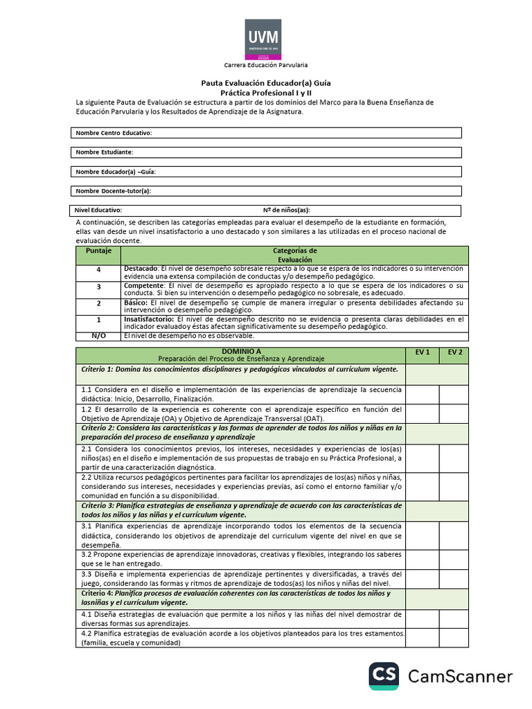 Pauta de Evaluación para Educadores Parvularios | PDF | Plan de ...