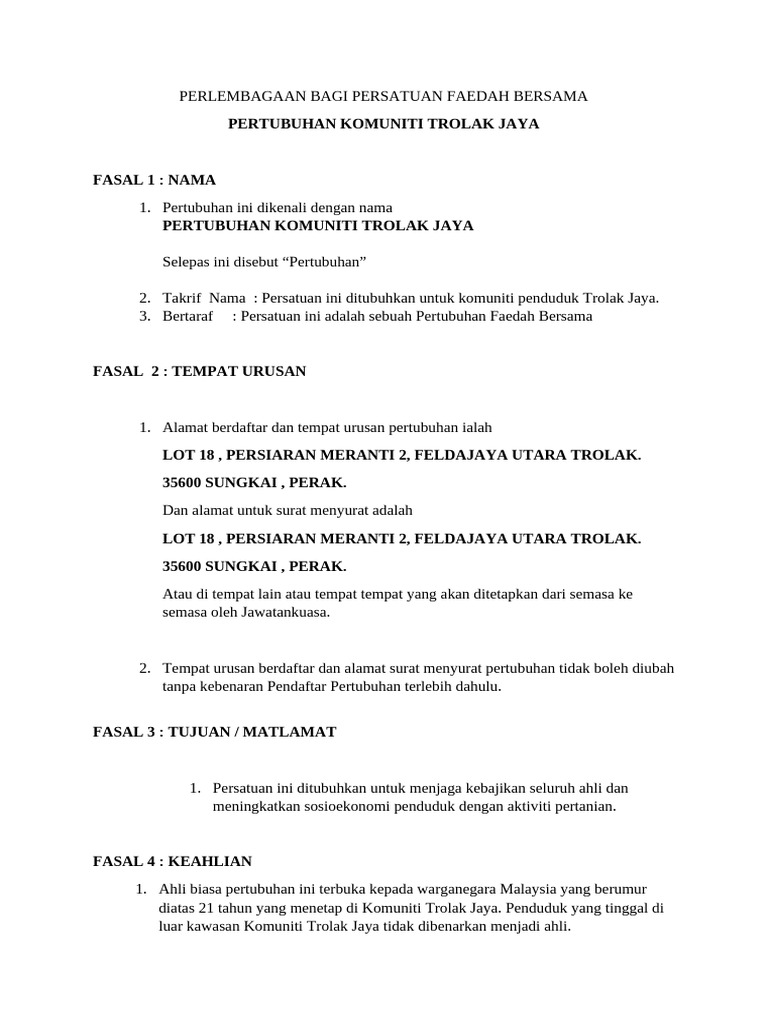 Perlembagaan Persatuan Komuniti Trolak Jaya | PDF