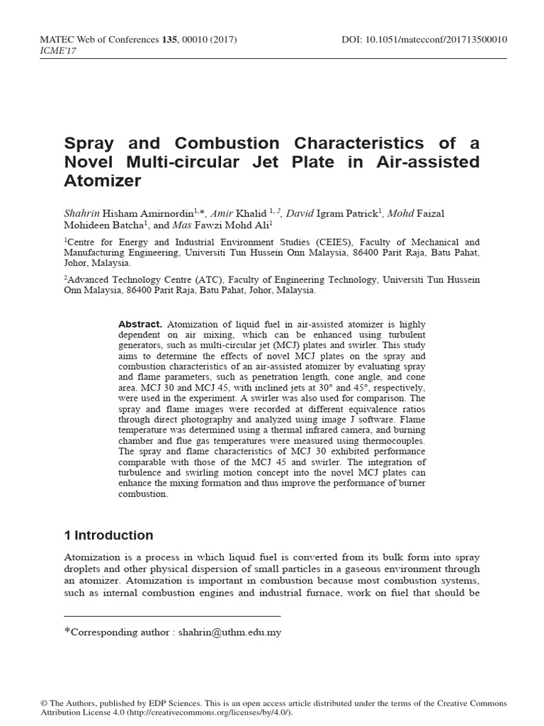 Multi-Circular Jet Plate Atomization Study | PDF | Aerosol | Combustion