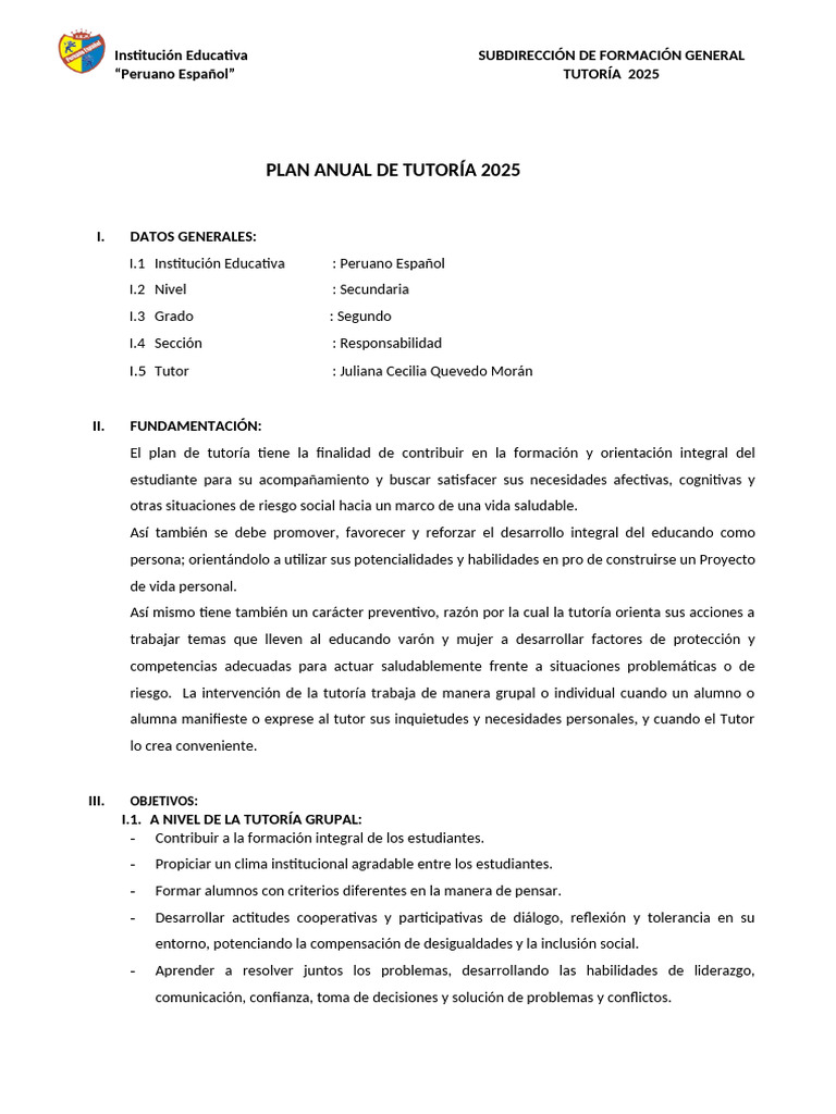 Plan Anual de Tutoría 2025 | PDF | Enseñando | Salón de clases