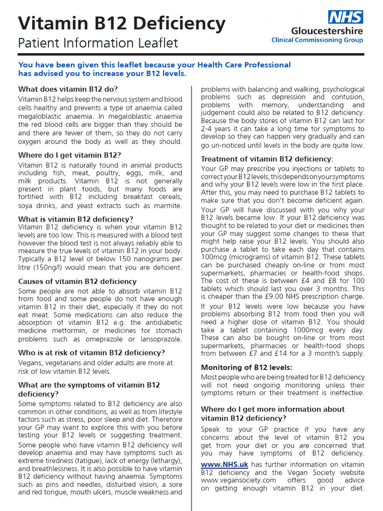 Vitamin B12 Deficiency Guide | PDF | Vitamin B12 | Anemia