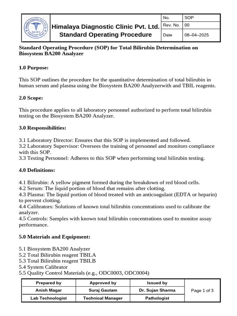Total Bilirubin Testing SOP for BA200 | PDF | Blood Plasma | Medical ...