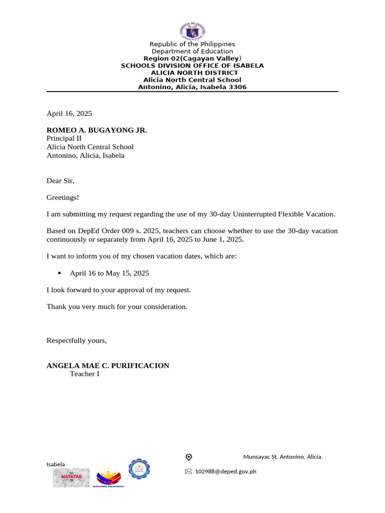 Request Letter For Uniterrupted Break | PDF