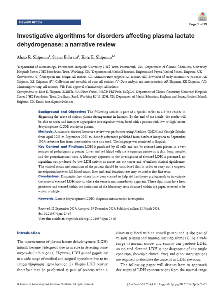 Investigative Algorithms for LDH Disorders | PDF | Lactate ...