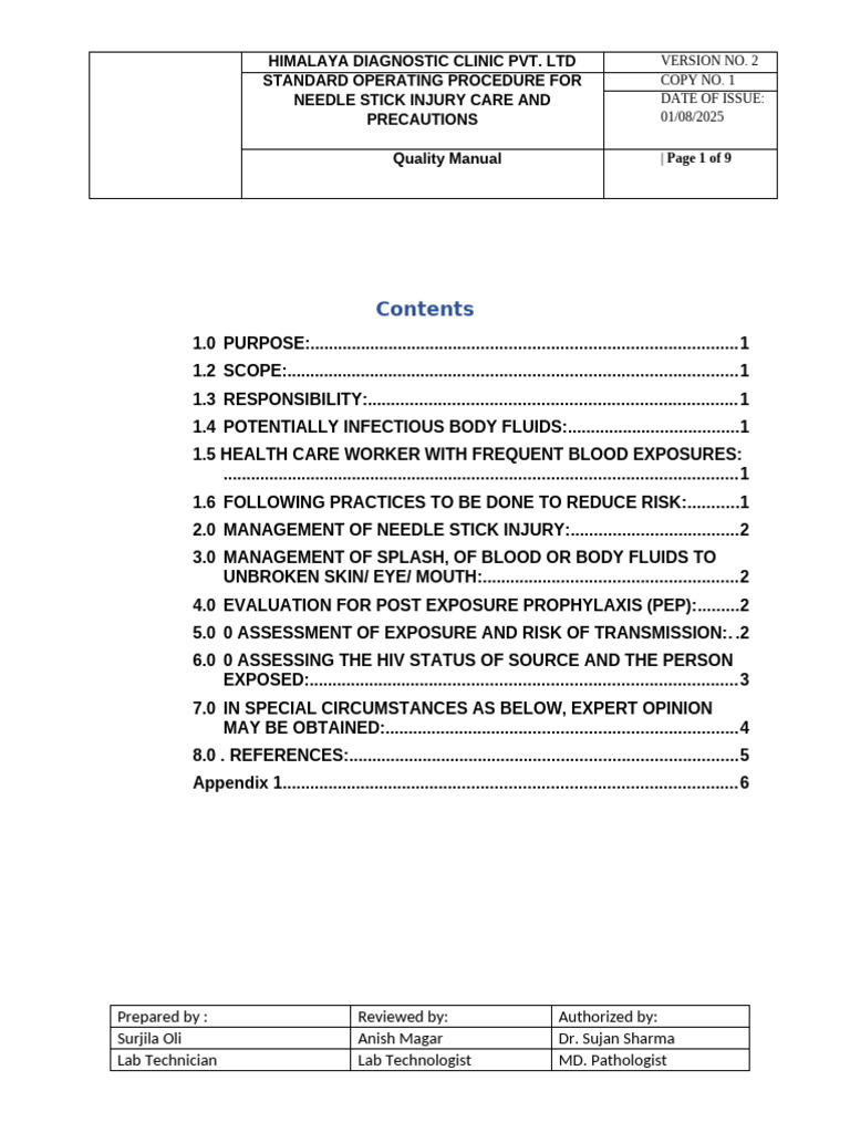 Needle Stick Injury SOP Guidelines | PDF | Health Professional ...