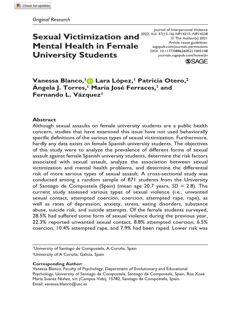 Blanco Et Al 2021 Sexual Victimization and Mental Health in Female ...