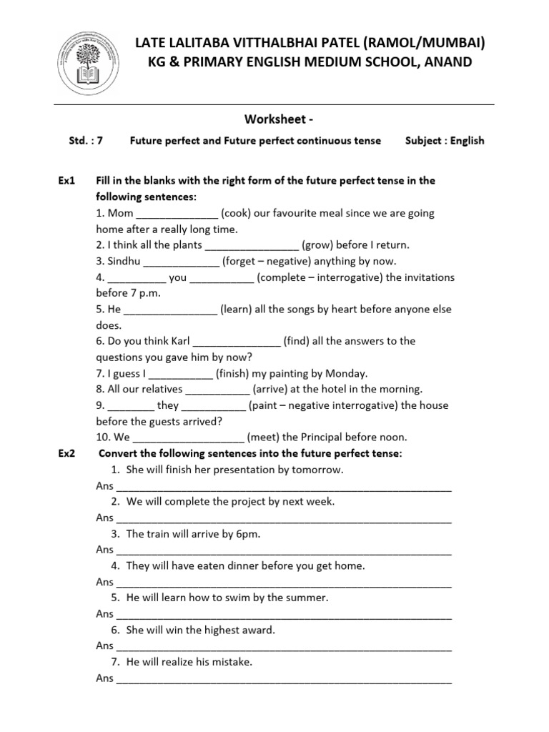 Future Perfect Tense Worksheet for Class 7 | PDF | Linguistics | Grammar