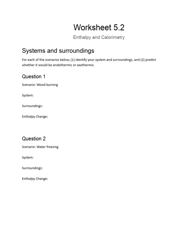 Enthalpy and Calorimetry Worksheet | PDF | Heat | Continuum Mechanics