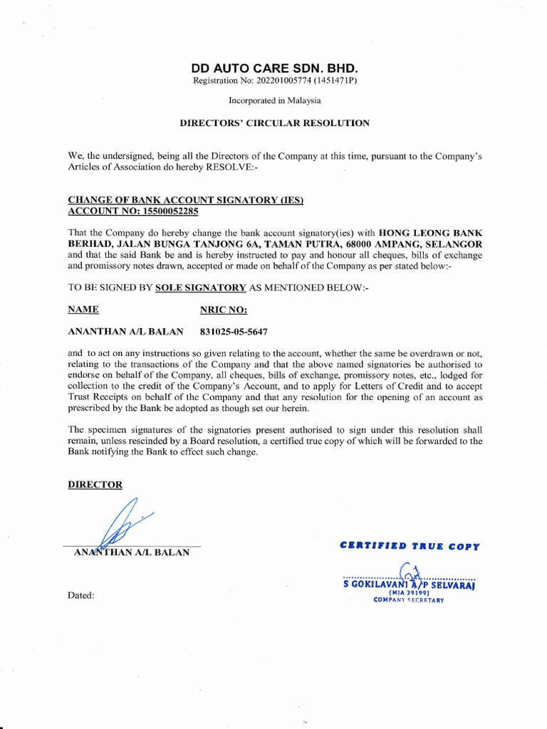 Change of Bank Signatories Resolution | PDF