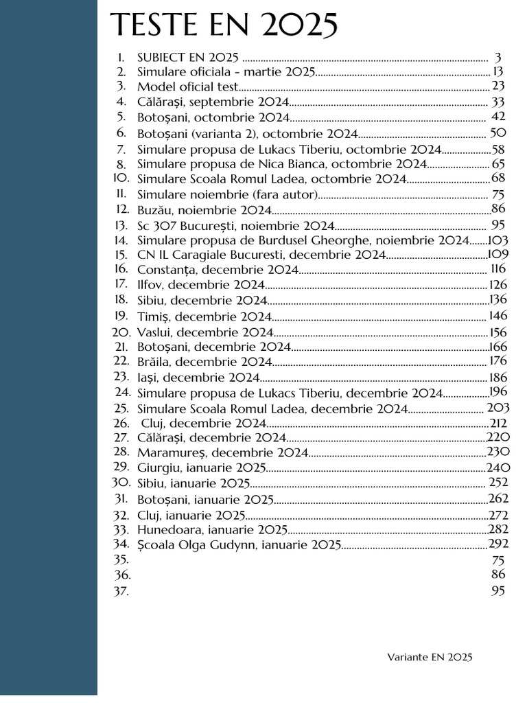 Cuprins + 2024-2025 Subiecte en (Pana in Ianuarie) | PDF