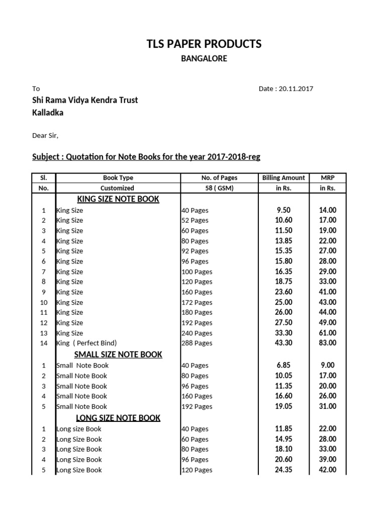 Note Book Price List - 2018-2019-Kalladka | PDF | Stationery | Printing